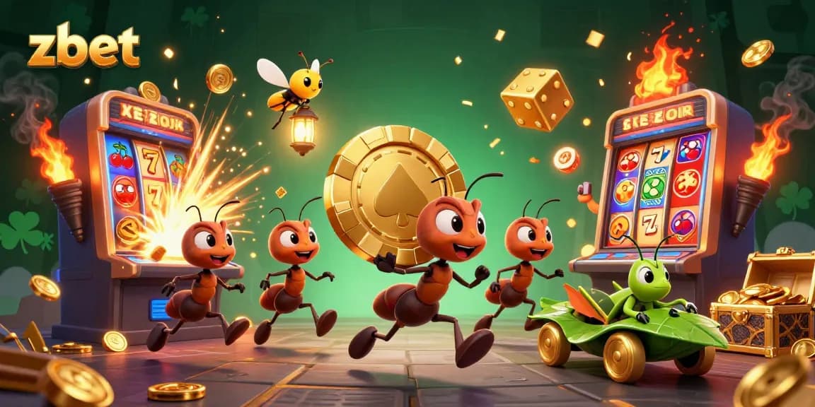 Zbet promotions feature engaging action with ants heisting a poker chip in a vibrant casino scene.