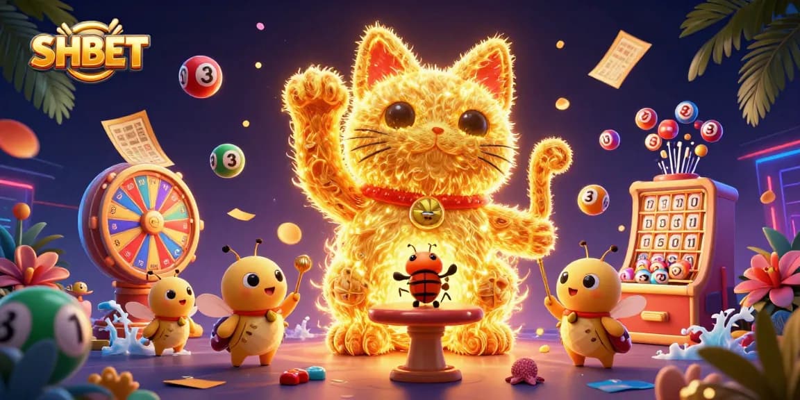 Experience vibrant gaming action at SHBET with dynamic lottery elements and a whimsical scene.