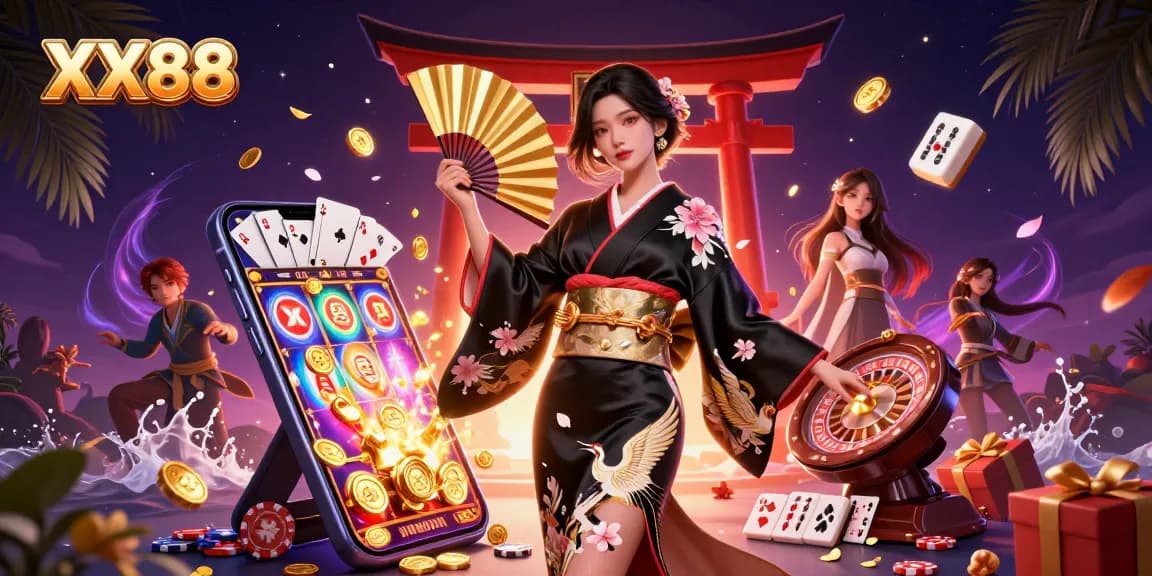 Engage with XX88's thrilling slot games and casino experiences in this vibrant illustration.