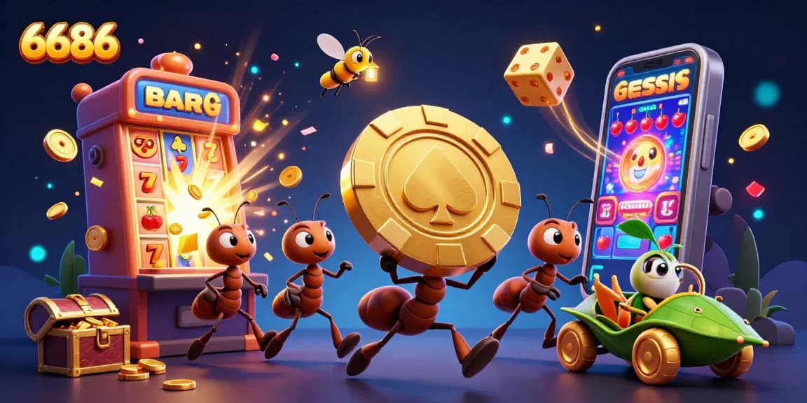 Experience the thrill of 6686 as ants hoist a giant poker chip amid casino excitement.