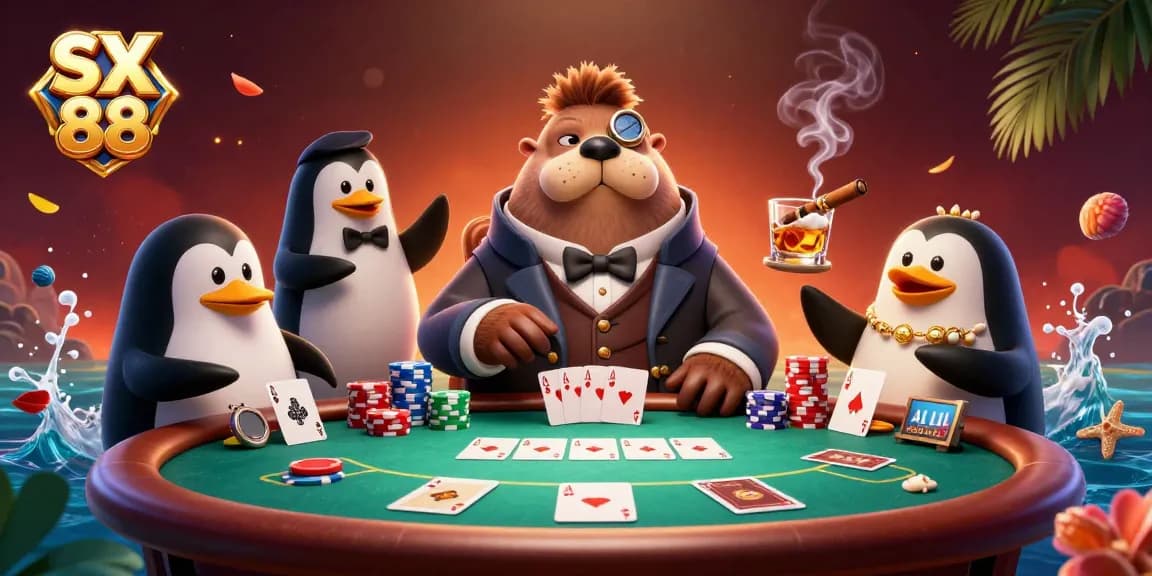 Play cards underwater at SX 88 with a walrus, penguin dealer, and pufferfish in an energetic game