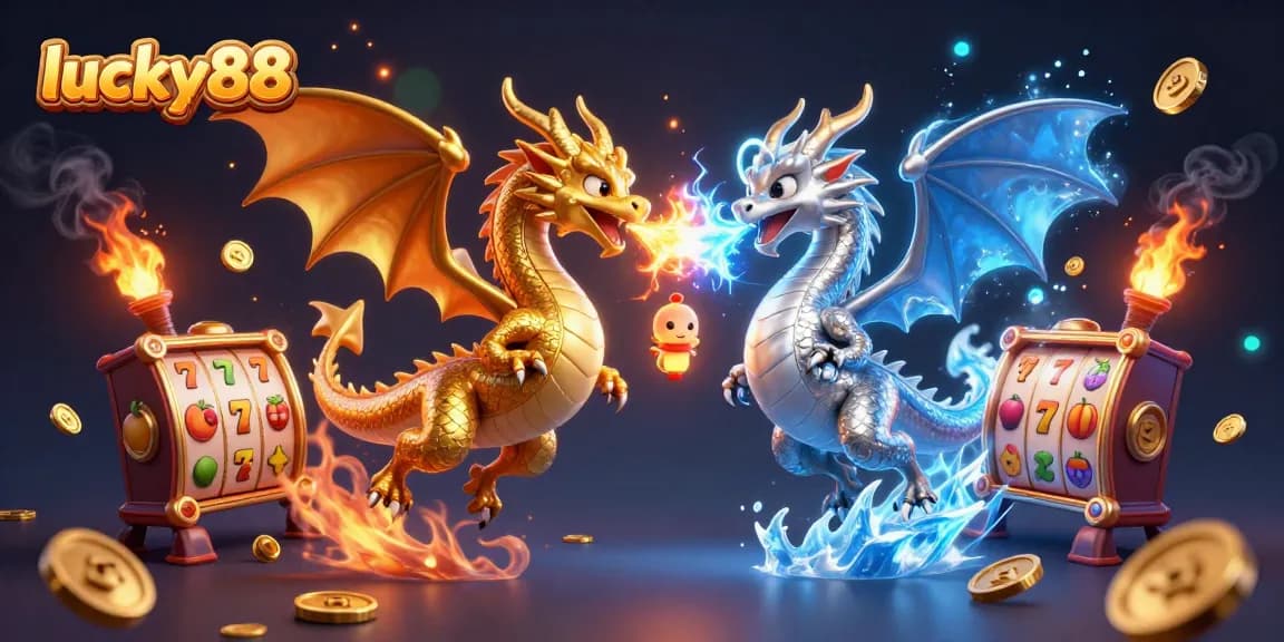 Win big with lucky88 slot reels featuring gold and silver dragons amidst vibrant gaming elements.
