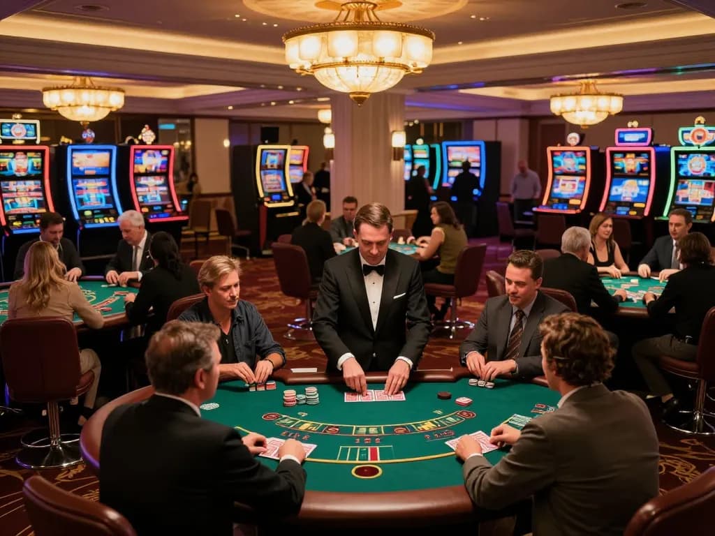 Experience Thương hiệu Bet88 in action at a lively casino, with engaged players and professional dealers creating a dynamic gaming atmosphere.