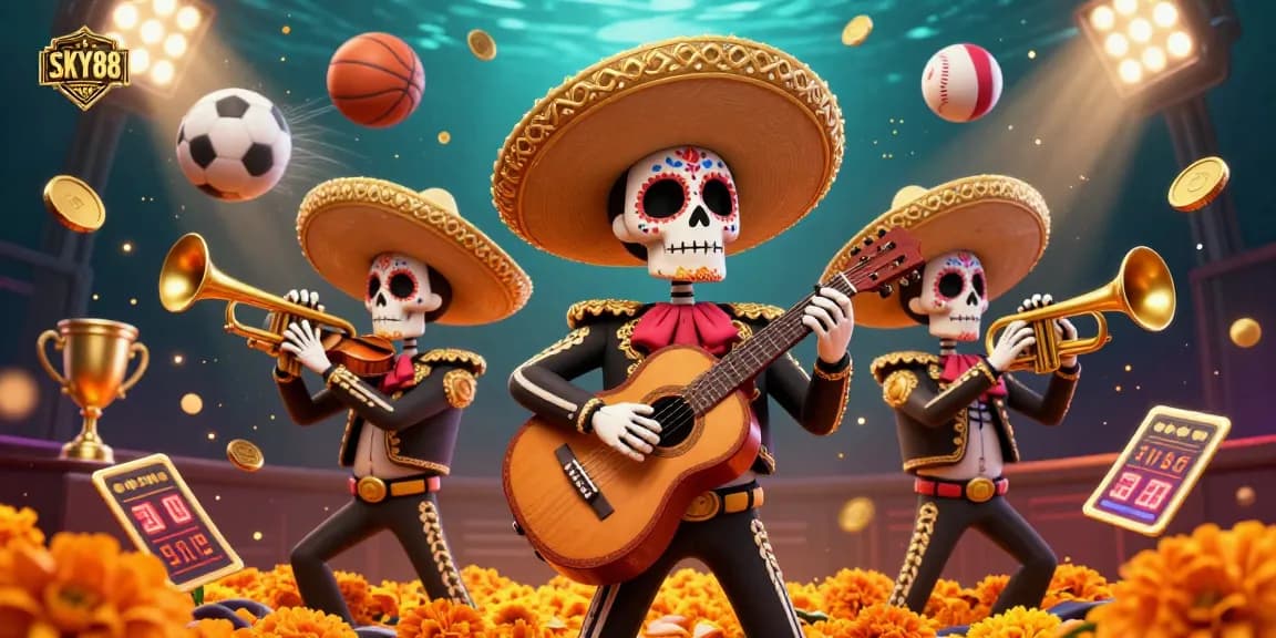 Engage with SKY88's vibrant mariachi band illustration, celebrating online sports betting excitement.