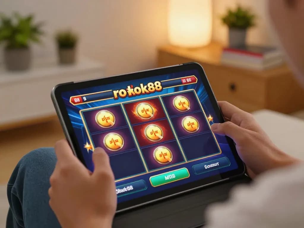 Engaging in rokok88 slot login on a tablet showcasing a winning screen in a cozy home