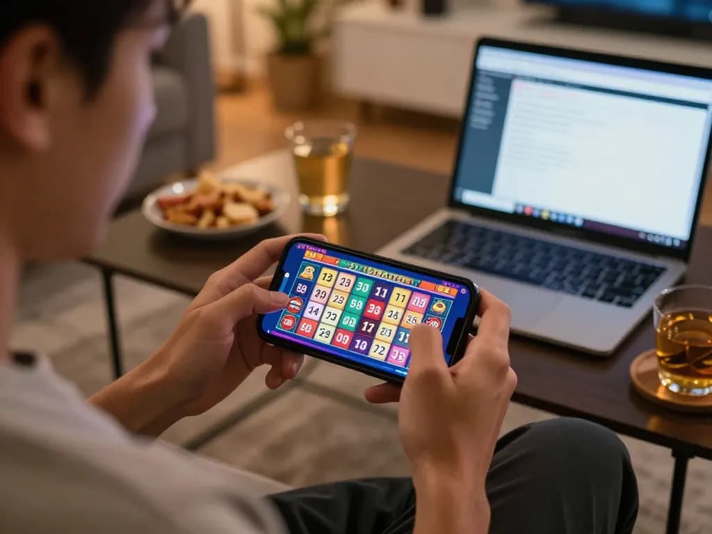 Playing Toto Togel on a smartphone, showcasing keluaran sgp results in a cozy atmosphere.