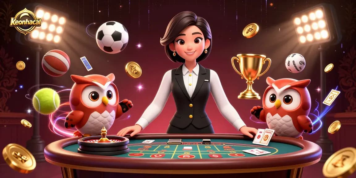Engage with keonhacai at a dynamic baccarat table featuring a charming dealer duo amidst vibrant sports elements.