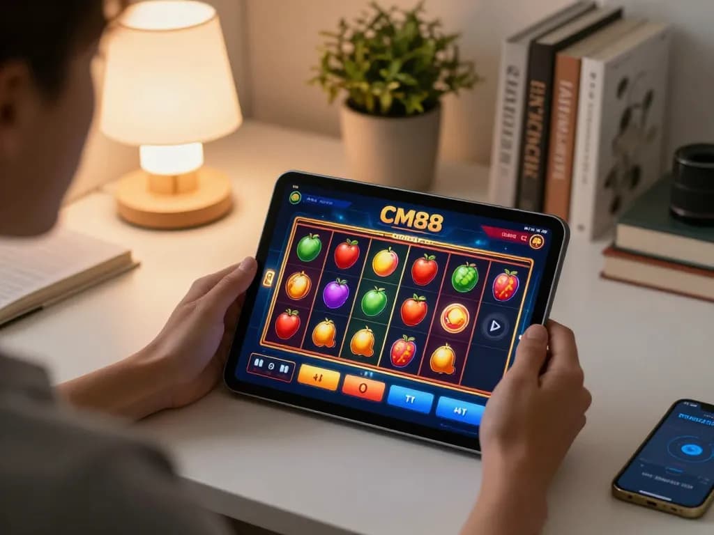 Player immersed in the CM88 casino app enjoying a colorful slot game on a tablet.