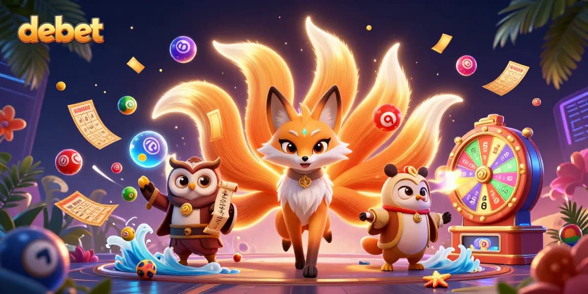 Engage with the vibrant debet gaming scene featuring a nine-tailed fox and lottery elements.