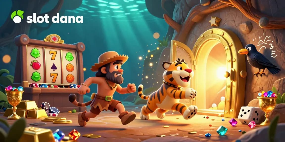 Experience the excitement of slot dana with vibrant slot reels and dazzling treasures in this dynamic casino illustration.