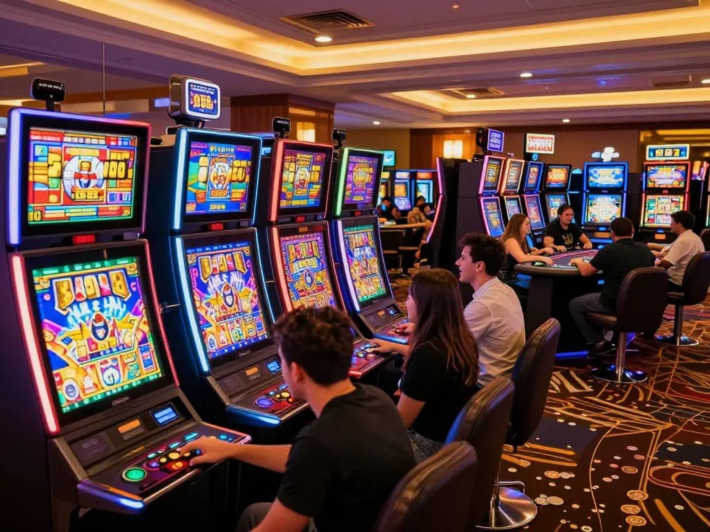 Engaging scene of players at slot machines, focusing on the exciting slot bet 200 experience in a vibrant casino atmosphere