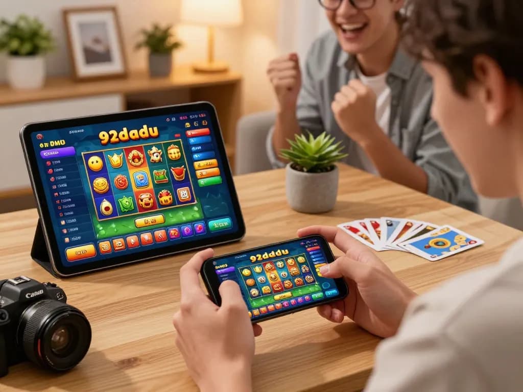 Engaging scene of a player enjoying the 92dadu game, surrounded by colorful graphics and friends, celebrating real money earnings.