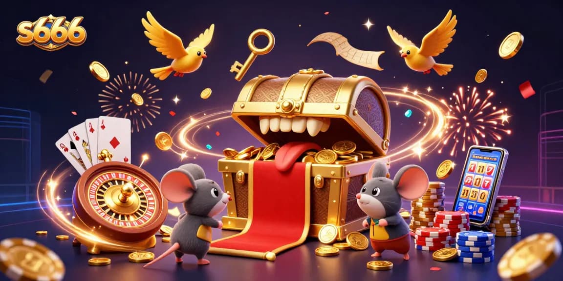 Experience the thrill of s666's vibrant 3D scene with golden treasures and exciting casino elements.