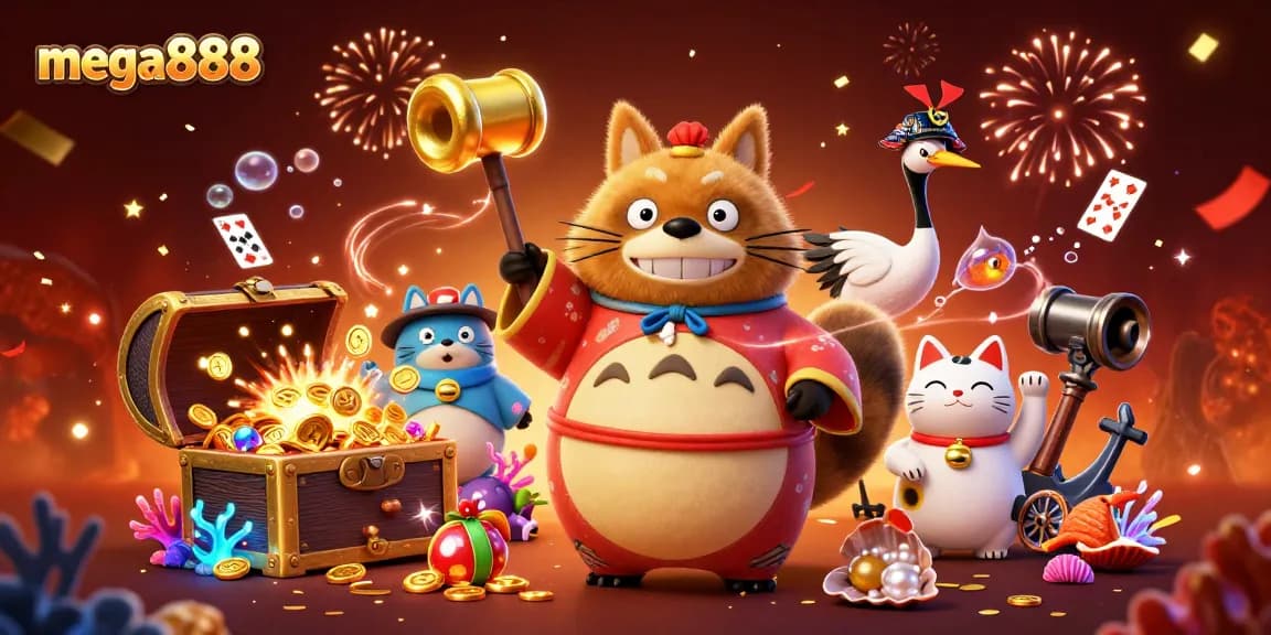 Experience mega888 with playful characters and vibrant casino elements in this captivating scene.