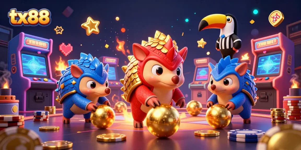 tx88 rival pangolins playfully bowling through poker chips in an animated casino scene