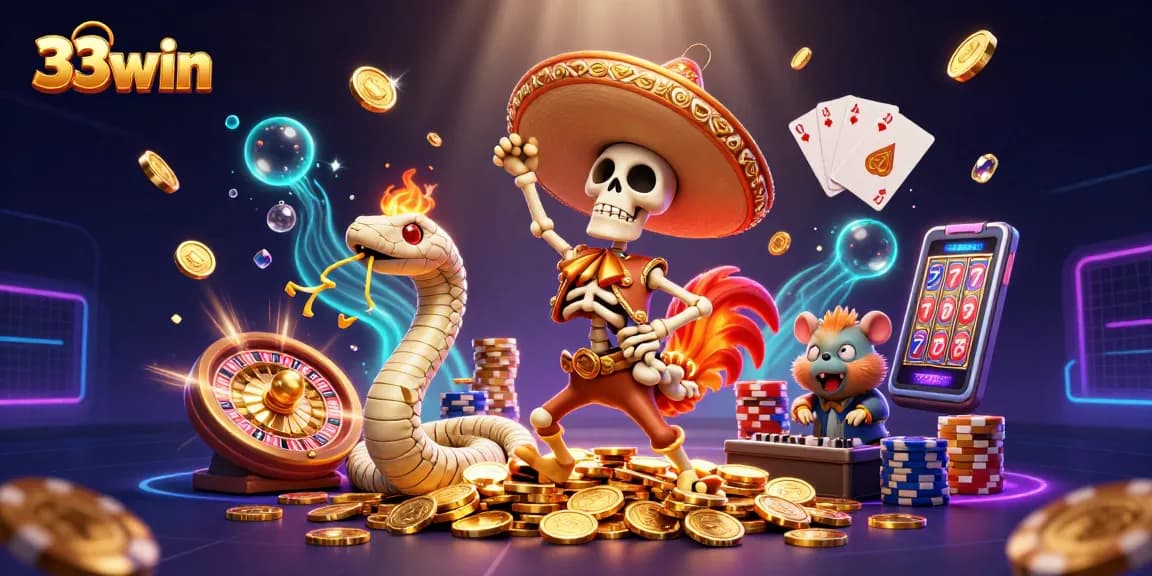 Engage with 33win's thrilling casino experience featuring vibrant characters and dynamic game elements.