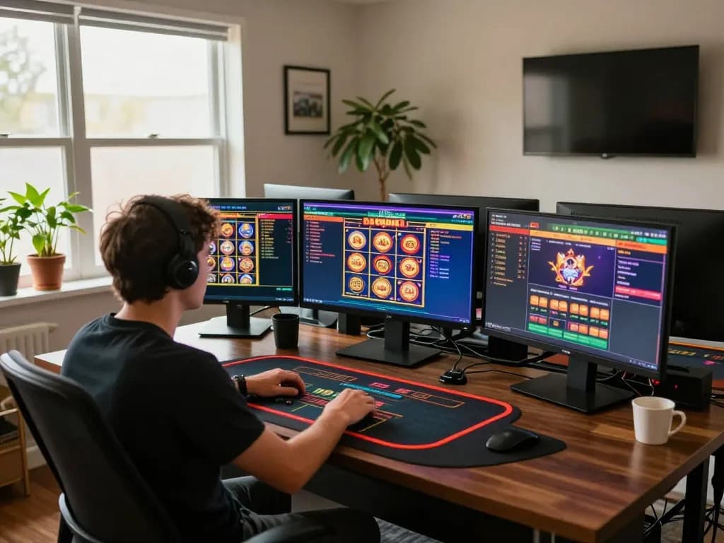 Engaging gameplay at rr88 with live dealer and slot games displayed on multiple screens in a cozy environment