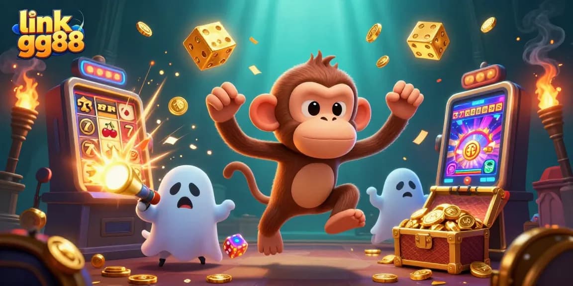 Experience thrilling wins at link gg88 with a 3D cartoon ghost monkey juggling gold in a vibrant casino