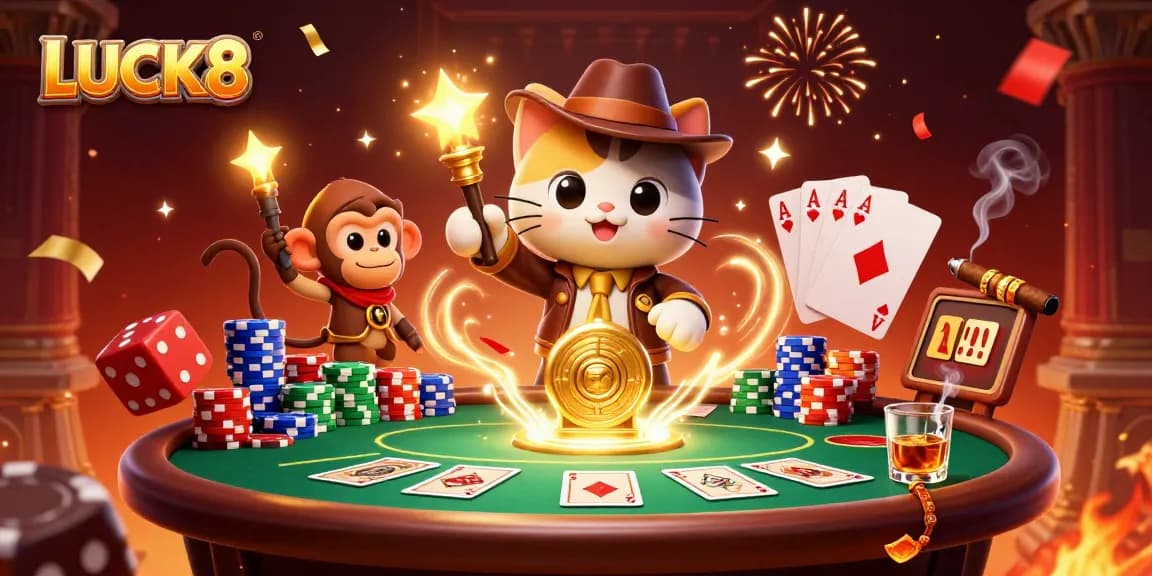 Engage with LUCK8 as the cat explorer and monkey companion discover a golden casino artifact.