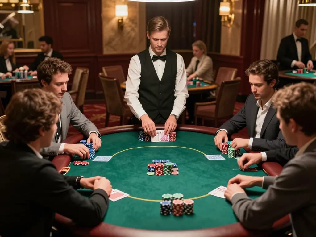 ROKOK88 players engaged in a thrilling poker game with colorful chips at a luxury casino table.
