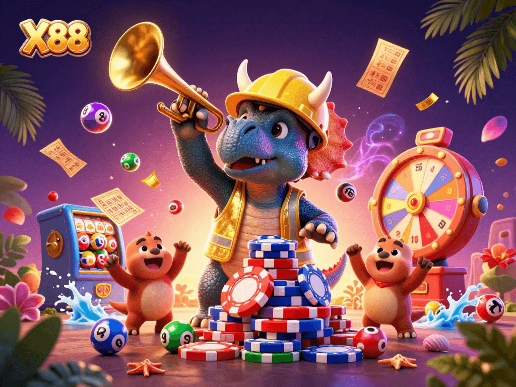 X88 casino entertainment scene featuring a triumphant triceratops building poker chips with colorful elements surrounding.
