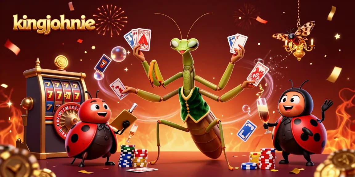 kingjohnnie's lively casino scene depicts a giant praying mantis and ladybug engaged in card games and celebration.