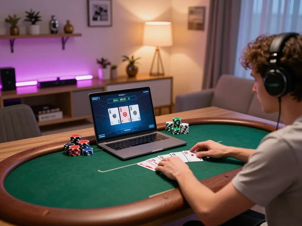Engaged player at home playing poker on their laptop, referencing nhà cái uu88 for enhanced gaming experience