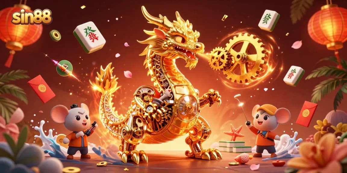 Experience exciting gameplay with sin88, featuring dynamic casino elements like golden dragons and spinning coins.