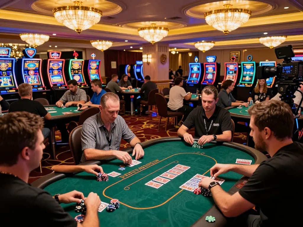 Thương hiệu MM88 engaging players at poker tables in a luxurious casino atmosphere, illuminating the excitement of gambling.