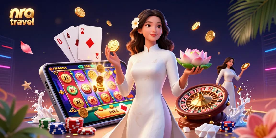 Experience nra travel through an engaging 3D scene with casino characters and vibrant slot game elements.