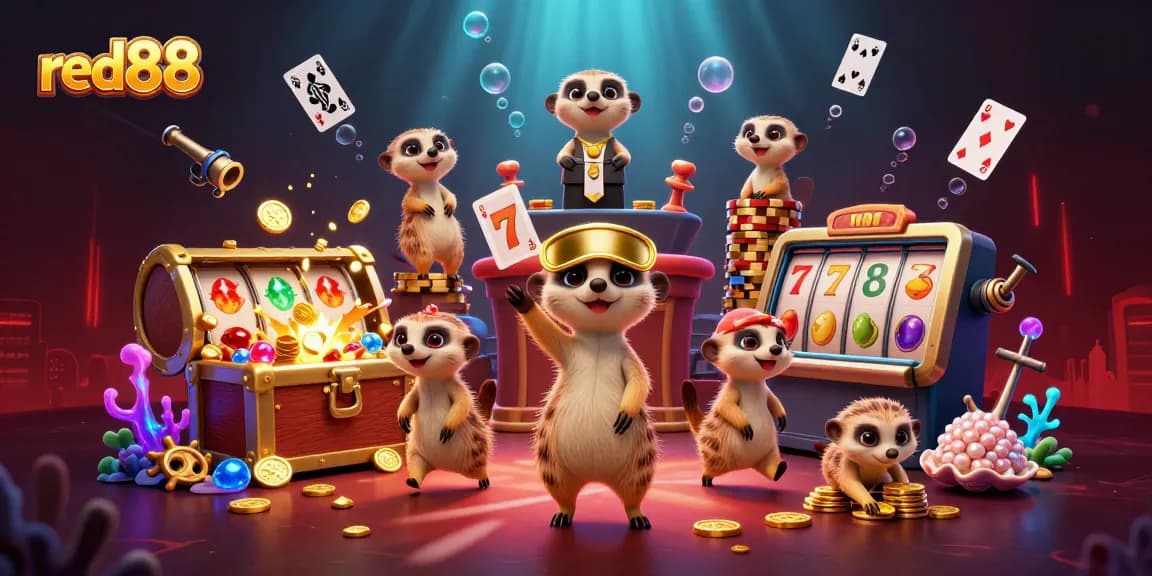 Experience the thrill of red88 with meerkats leading a vibrant casino adventure, full of gold and gems.