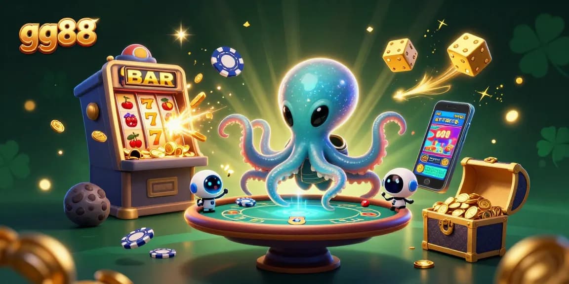 Experience gg88 with an ultra-detailed 3D casino illustration featuring an alien octopus at a poker table.