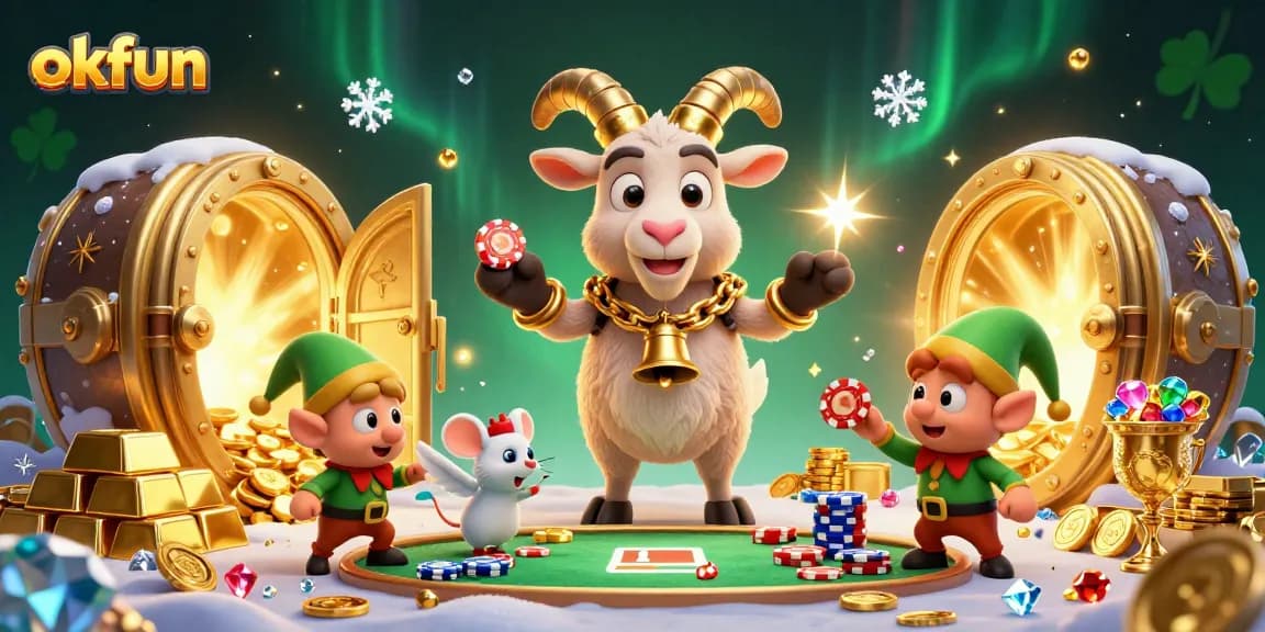 Play thrilling games at okfun casino, featuring a festive Krampus overseeing action-packed gaming.