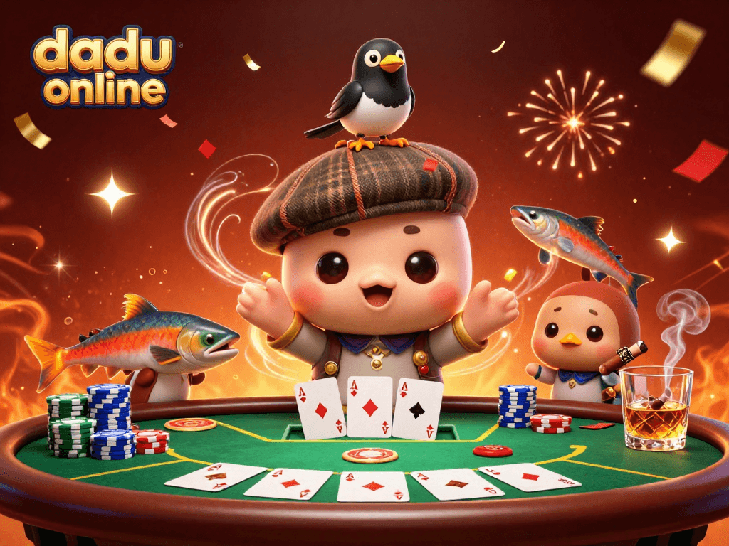 Experience dadu online with lively gaming characters celebrating around vibrant poker elements.
