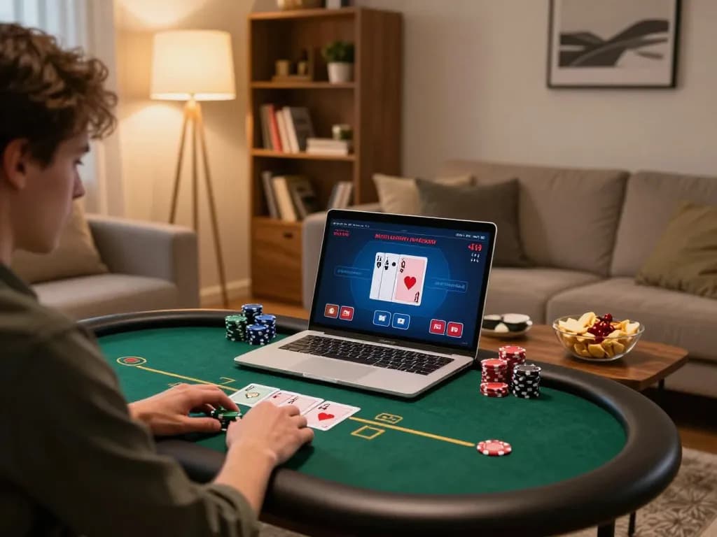 Player enjoying an online poker game on xx88 platform in a cozy living room.