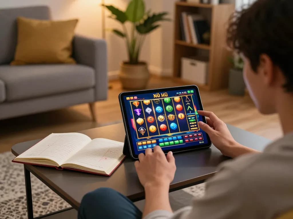Nổ Hũ gaming session on a tablet in a cozy living room with betting notes.