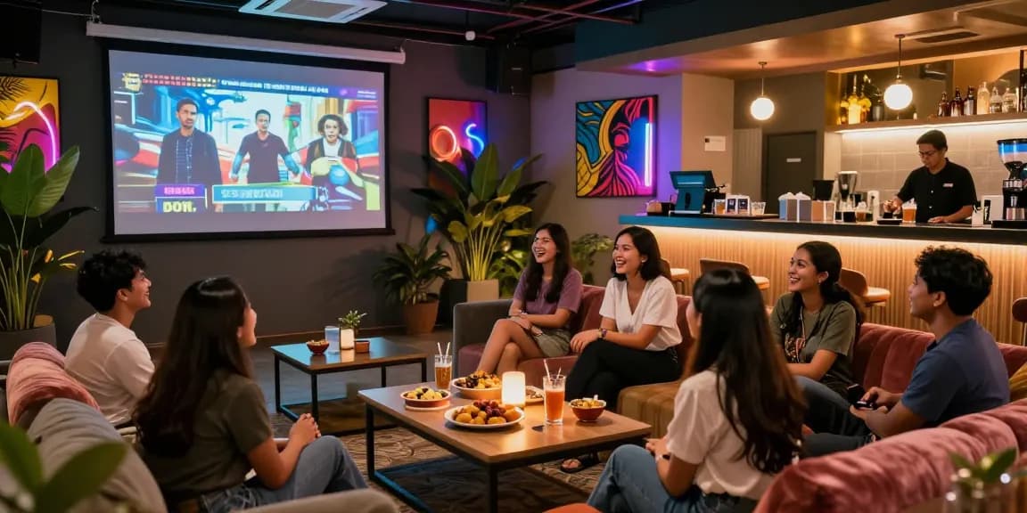 Bokep Indonesia gratis screening at a vibrant lounge filled with friends, laughter, and modern decor.