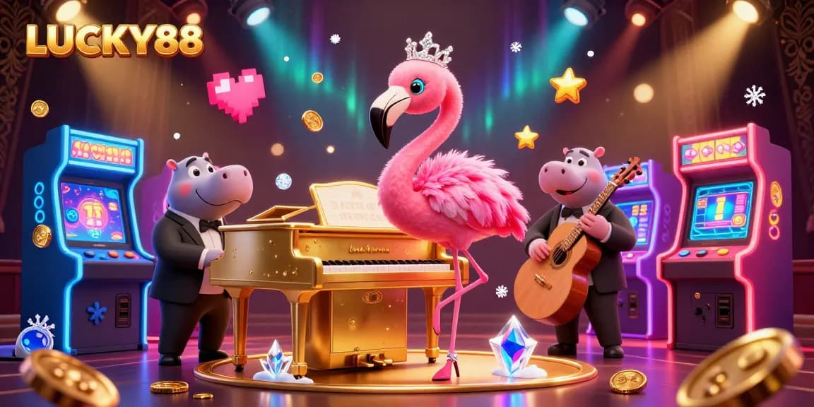 LUCKY88 thrill at a vibrant casino scene featuring a flamingo singer and hippo bassist.