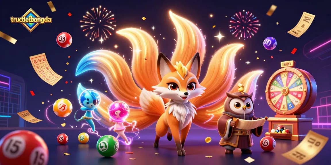 Experience tructiepbongda in vibrant 3D as a nine-tailed fox and wise owl celebrate with dynamic gambling elements.