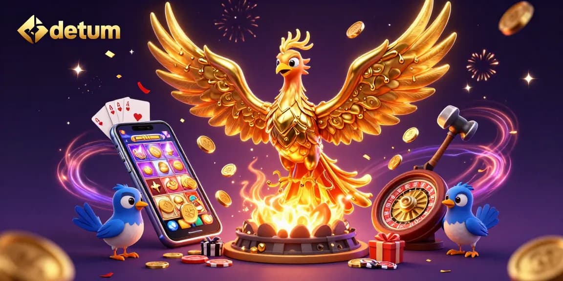 Engage with the vibrant gaming world of datum featuring a molten golden phoenix amidst a festive casino atmosphere.