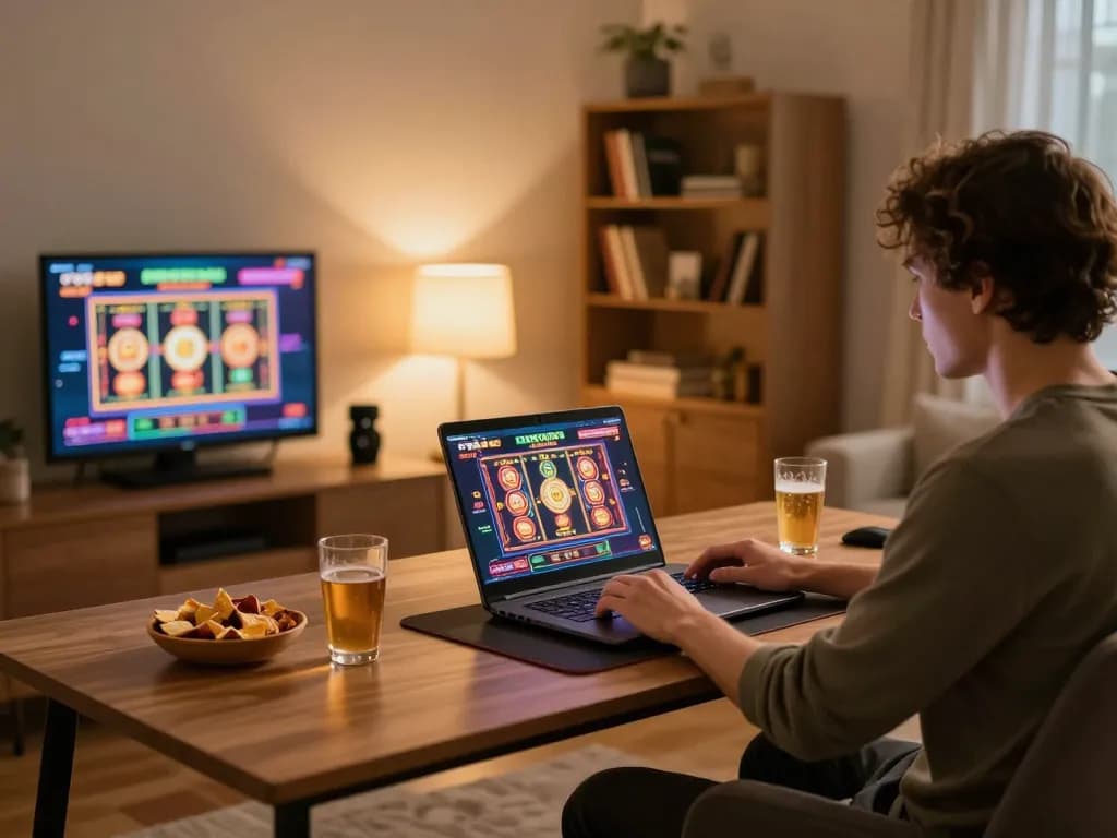 Person engaging in online gaming at home using 78wingo, showcasing a cozy setup with snacks and vibrant game display.