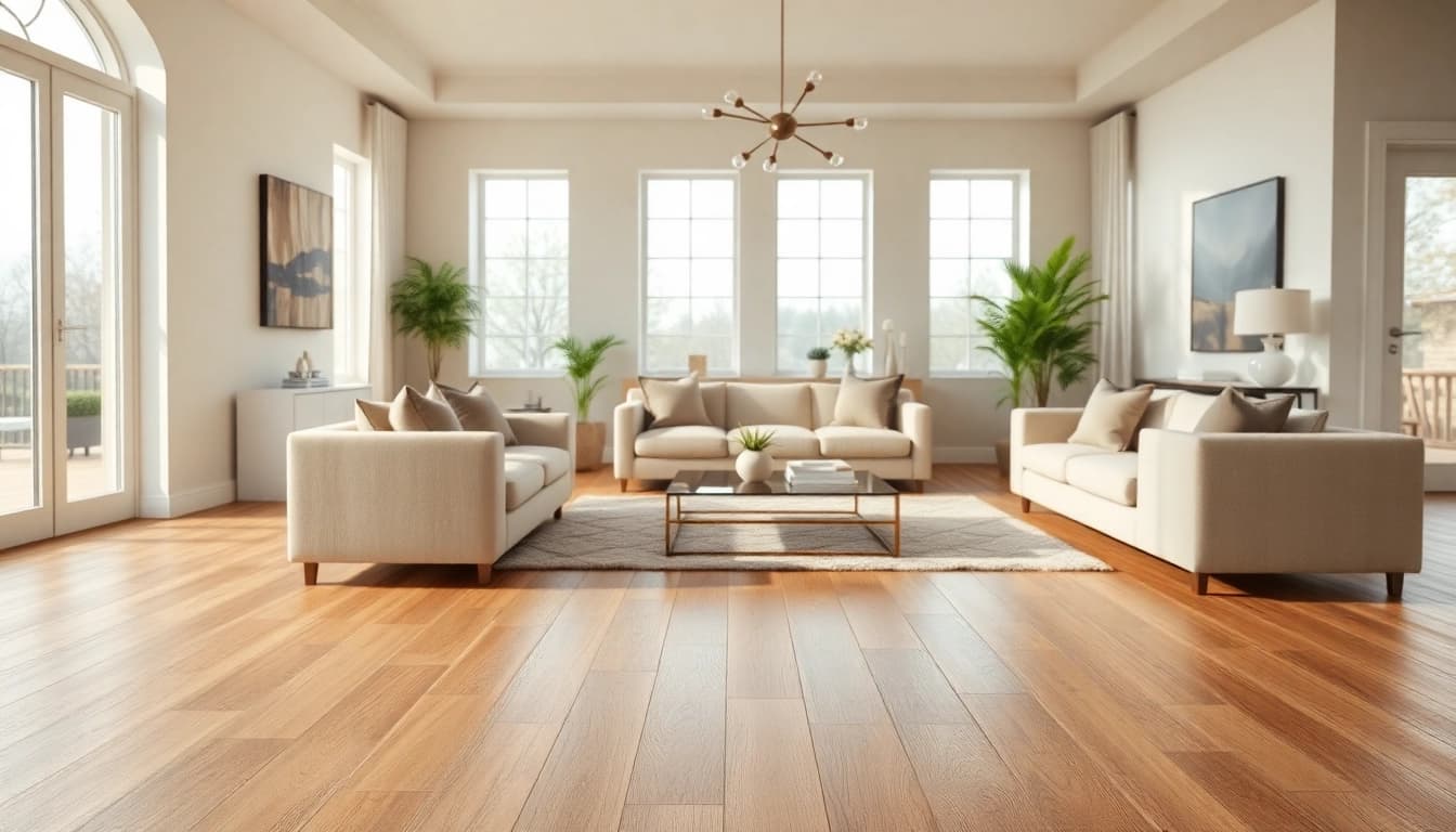 Bright living room featuring discount vinyl flooring with a warm and inviting atmosphere.