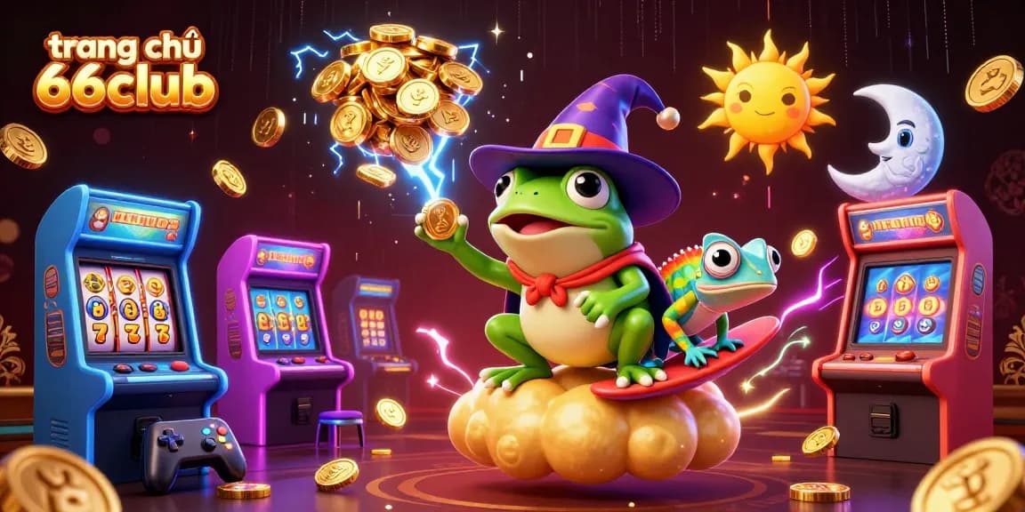 Immerse in the electric world of trang chủ 66club, where a cartoon frog wizard creates a dazzling storm of coins.