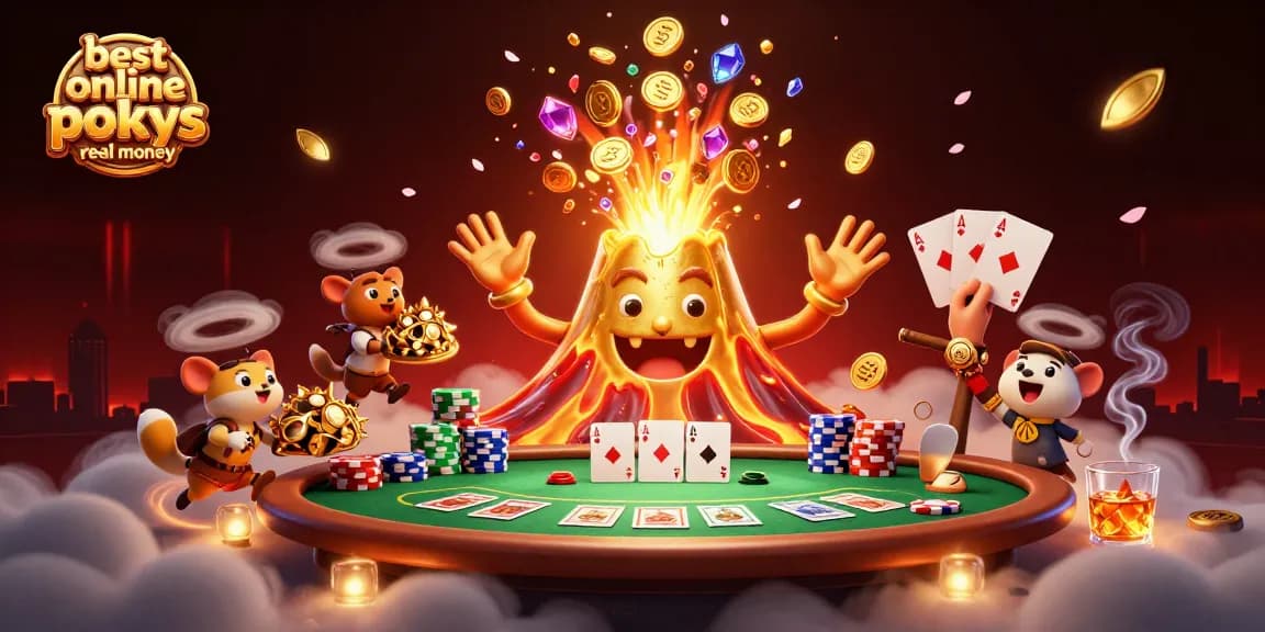 Experience the best online pokies real money with a triumphant volcano showering coins amidst rich poker elements.