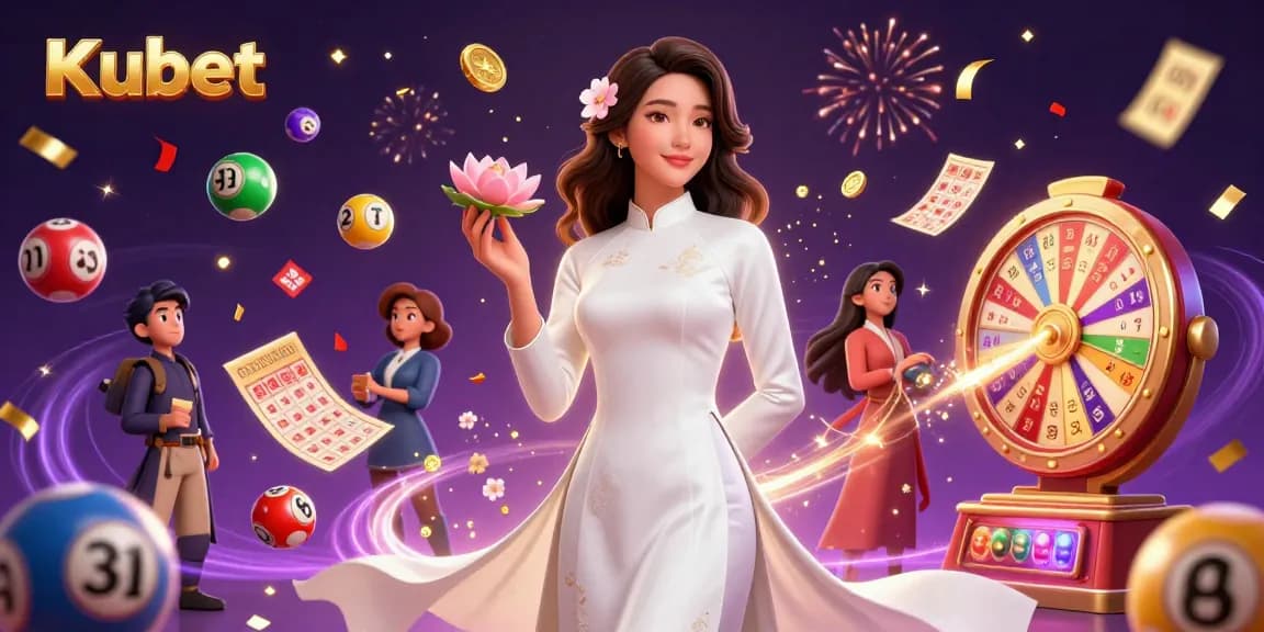 Kubet promotions illustrate a vibrant lottery scene with festive elements and winning opportunities in a casino atmosphere.
