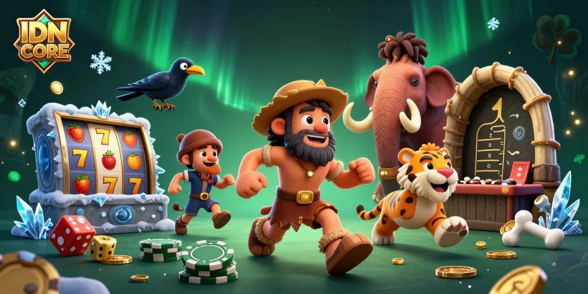 IDNSCORE showcases an exciting prehistoric casino experience with caveman, tiger, and gaming elements.