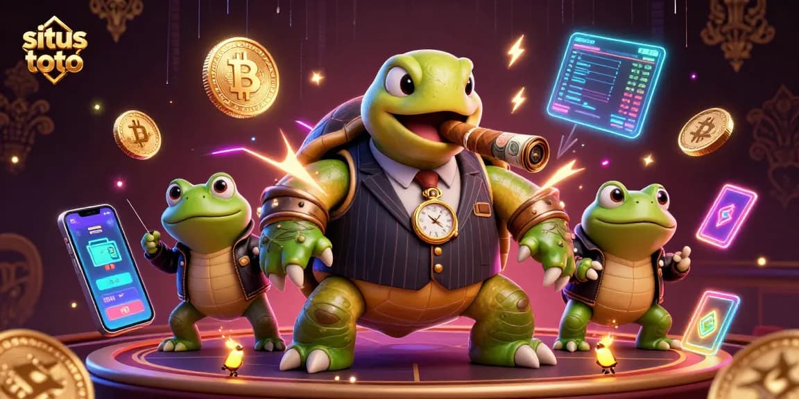 Experience situs toto thrills with a dynamic casino scene featuring bold characters and vibrant crypto elements.