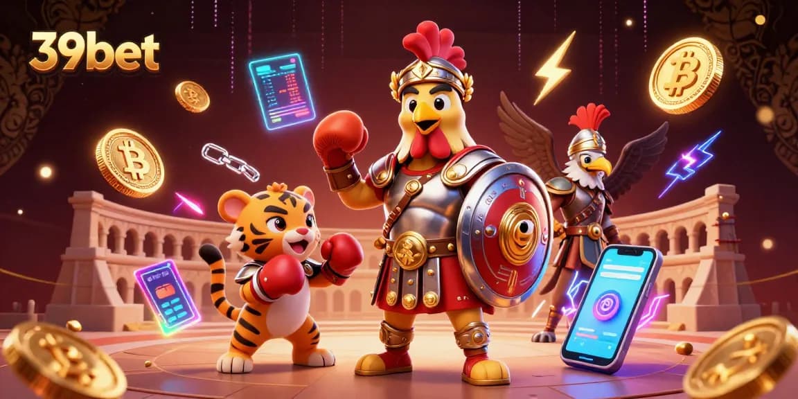 Experience thrilling action at 39bet with a vibrant 3D illustration of a gladiator rooster and tiger cub in a casino-themed colosseum.