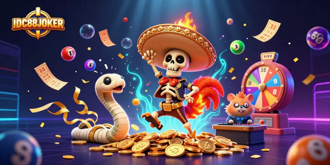 Experience thrilling gameplay with IDC88JOKER's vibrant lottery scene featuring energetic characters.