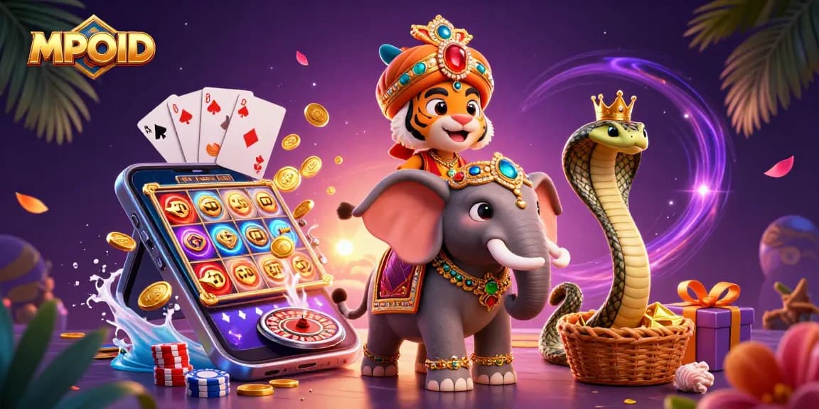 MPOID showcases a vibrant online casino scene with a maharaja riding an elephant amidst exciting gaming elements.
